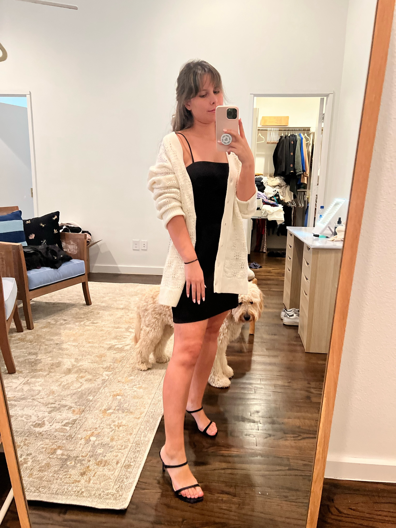 Date night, oversized sweater, black dress, hill house sweater, grandpa sweater, little black dress, lbd, stuart weitzman, fall date, strappy heels, neutral outfit 

#LTKstyletip