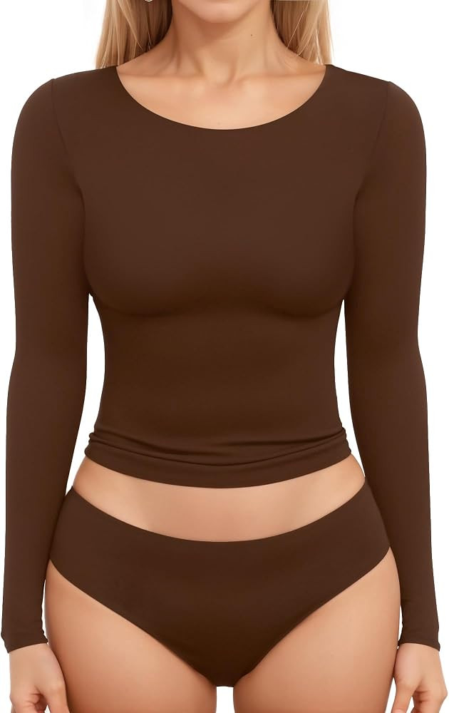 MANGOPOP T Shirts for Women Long Sleeve Round Neck Basic Tee Double Lined Fashion Casual Tops | Amazon (US)