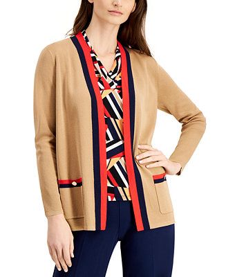 Anne Klein Malibu Striped-Trim Cardigan & Reviews - Sweaters - Women - Macy's | Macys (US)