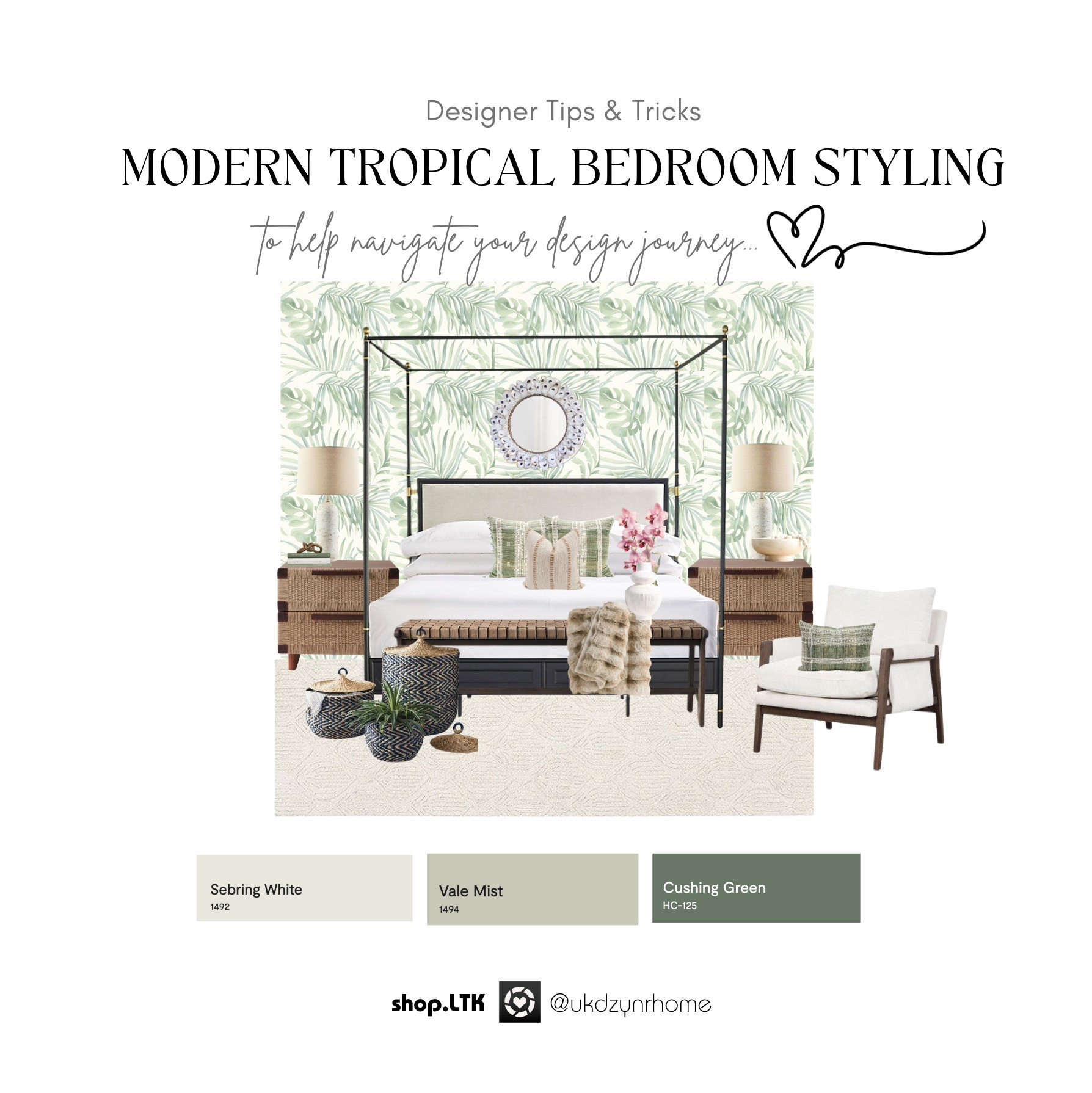 Tropical Inspired Bedroom Design Mood Boards | Poster Bed | Woven Nightstands | Bench | Green Oatmeal Decorative Pillows  | Accent Rug | Casual Accent Chair | Scalloped Mirror | Woven Storage Baskets | Faux Fur Throws

#LTKHome #LTKStyleTip