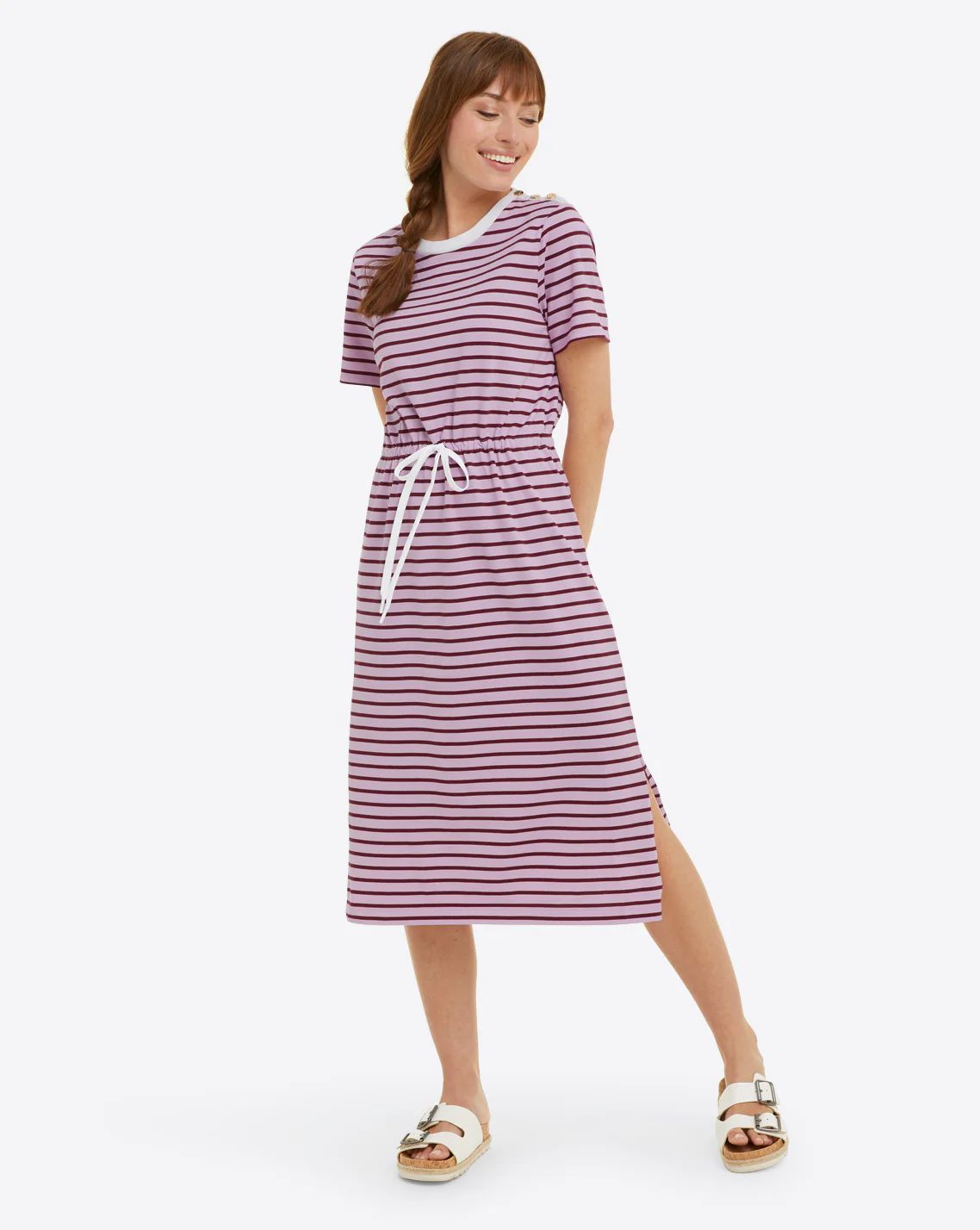 Tie Waist Midi T-Shirt Dress in Dark Pink Mariner Stripe | Draper James (US)