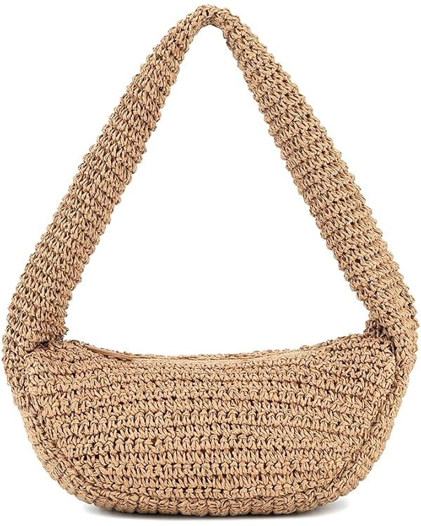 Crochet Straw Bag Summer Beach Bag for Women, Woven Hobo Shoulder Bag, Half Moon Tote Purse with ... | Amazon (US)
