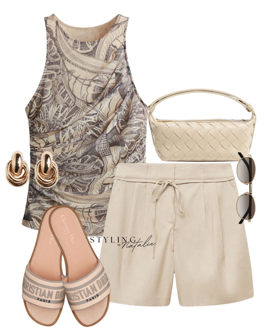 Trendy summer look with shorts- patterned draped top with belted linen shorts, Dior sandals, Bottega bag, gold earrings & Prada sunglasses. Casual chic, neutral, heatwave style, holiday look, vacation outfit. 

#LTKuk #LTKstyletip #LTKsummer
