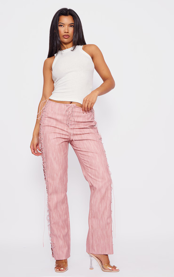 Premium Pink Washed Faux Leather Lace Up Side Low Rise Pants | PrettyLittleThing US