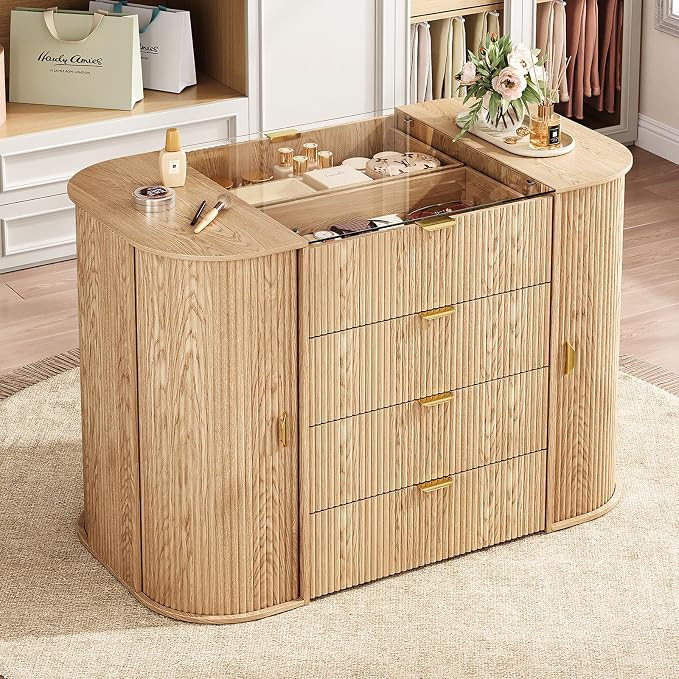 Tambour Closet Island with 8 Drawers & 8 Large Storage Space,Bedroom Armoire Island with Glass To... | Amazon (US)