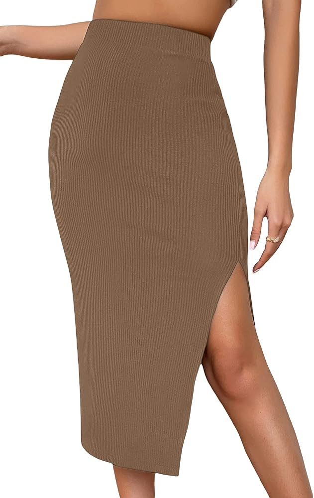 Verdusa Women's High Waist Slit Hem Rib Knit Midi Bodycon Skirt | Amazon (US)