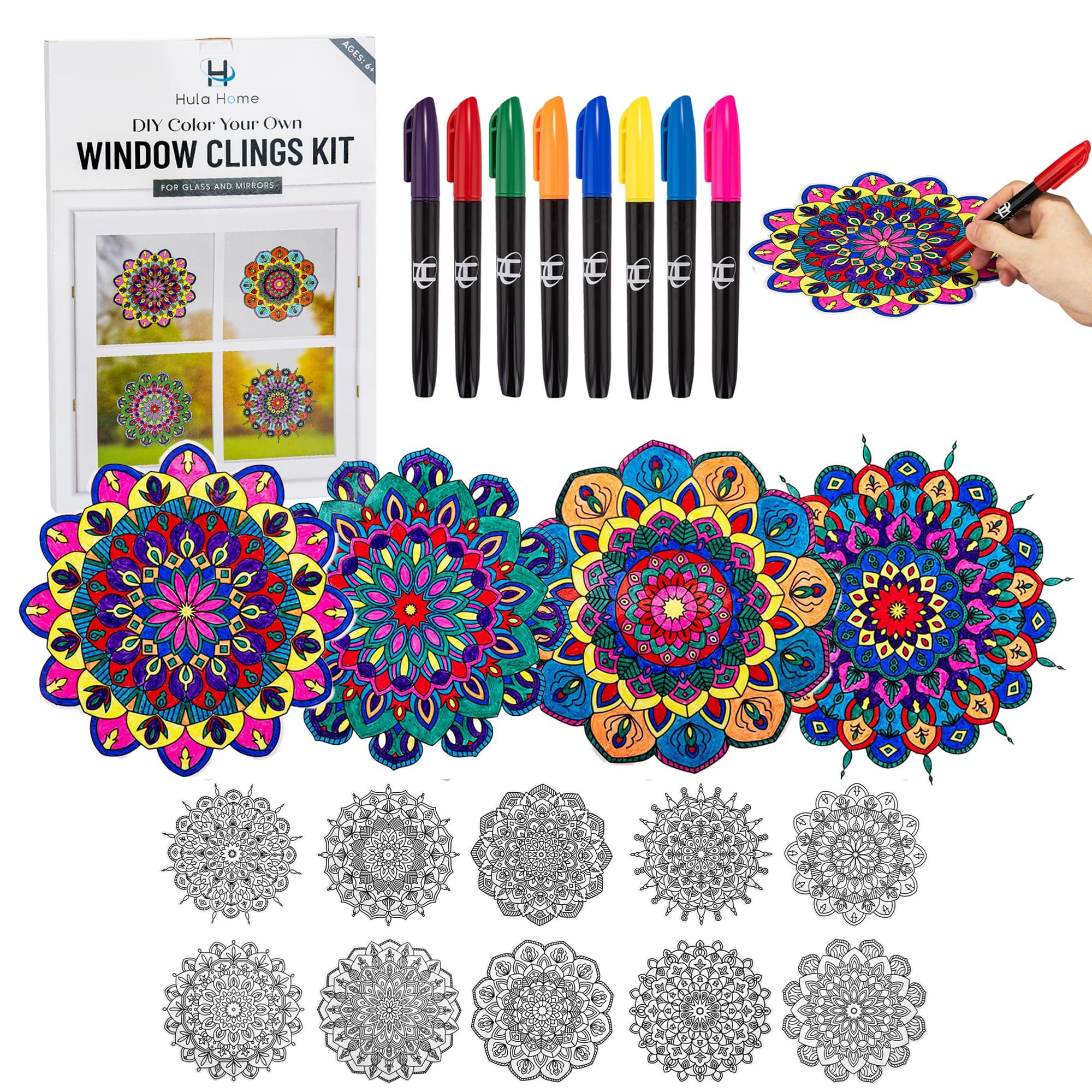 Hula Home Stained Glass Mandala Art Kit - DIY Window Clings with Markers, 10 Suncatchers - Perfec... | Amazon (US)