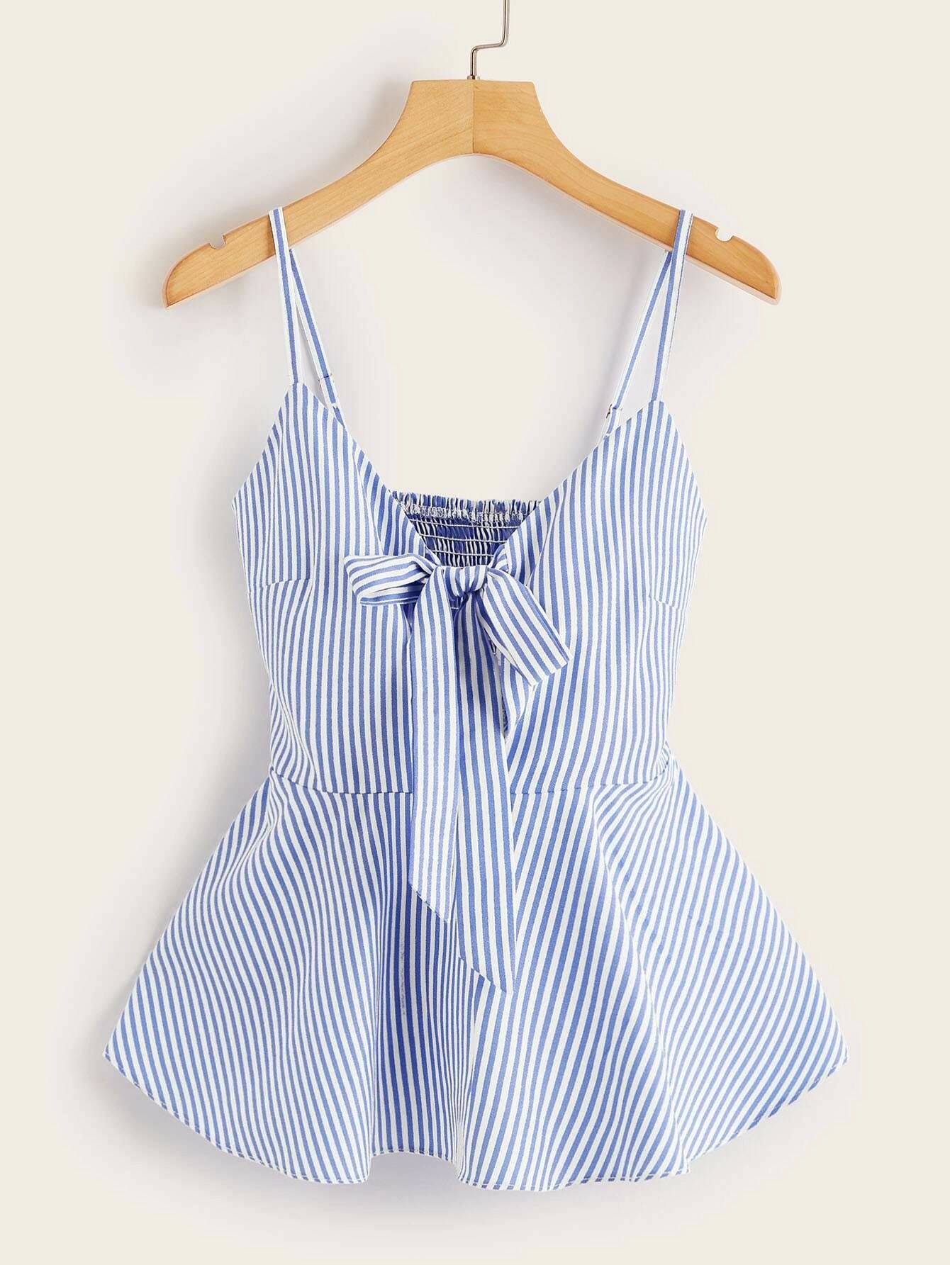 Striped Self-Tie Smocked Cami Peplum Top | SHEIN