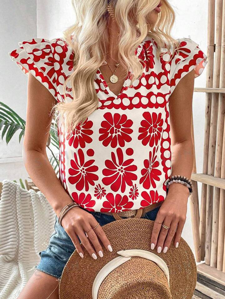 SHEIN Essnce Women's Sleeveless V-Neck Blouse With All-Over Print | SHEIN