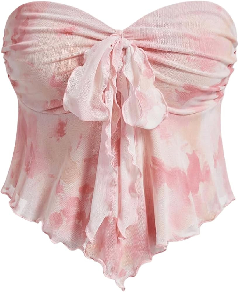GORGLITTER Women's Floral Flowy Babydoll Tube Top Bow Tie Front Strapless Cute Mesh Ruffle Going ... | Amazon (US)