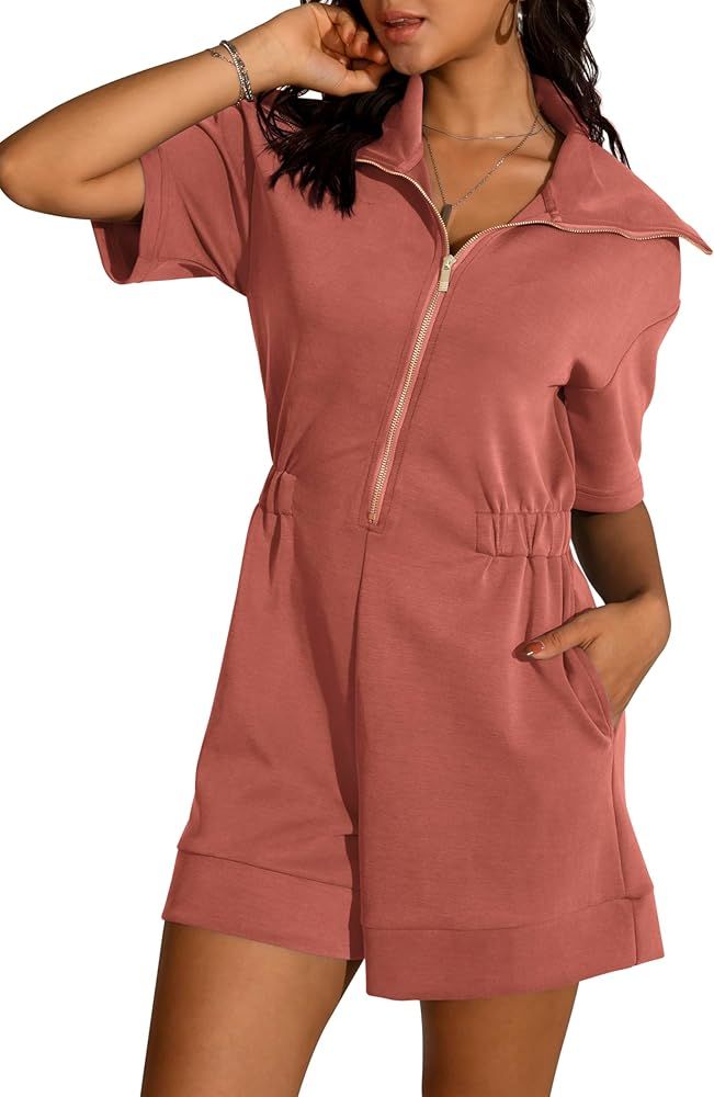 OSTAUG Womens Summer Short Sleeve Rompers Loose Half Zip One Piece Short Overalls Jumpsuit with P... | Amazon (US)