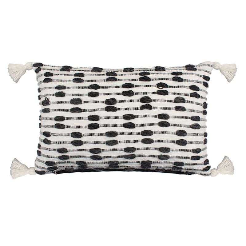 Black & White Textured with Tassels Lumbar Outdoor Throw Pillow, 14x20 | At Home
