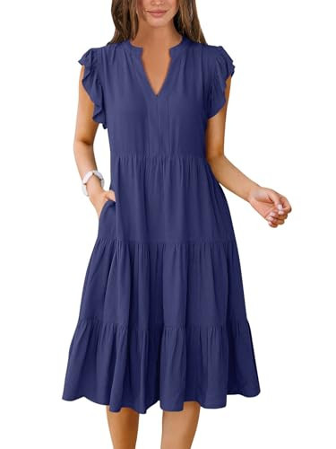 ANRABESS Womens Summer Dress Ruffle Sleeve V Neck Midi Dresses Fashion Casual Fit Flowy Tiered Boho Beach Vacation Sundress Navy Blue-L | Amazon (US)