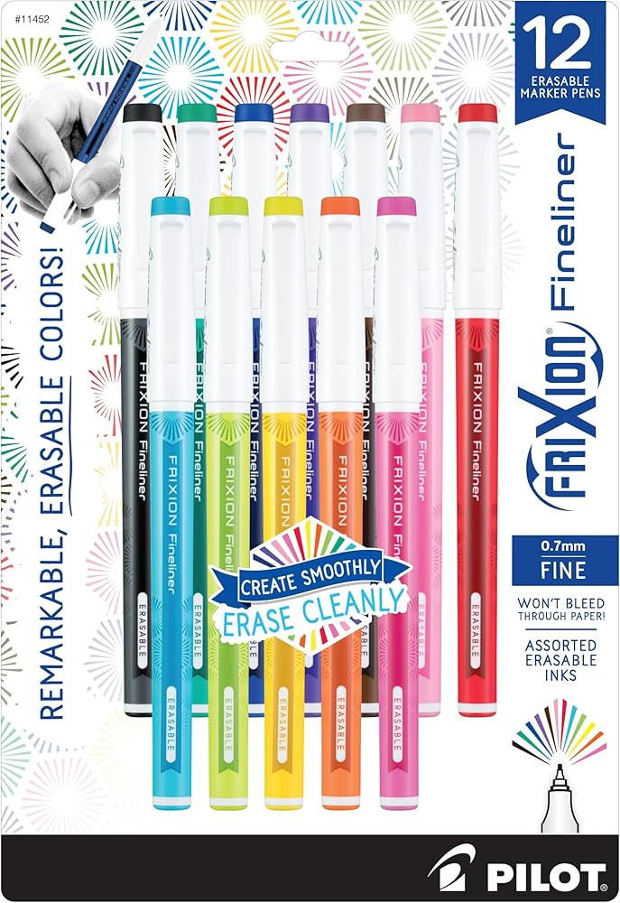 Pilot FriXion Fineliner Erasable Marker Pens, Fine Point 0.7 mm, Pack of 12, Assorted Colors, Era... | Amazon (US)