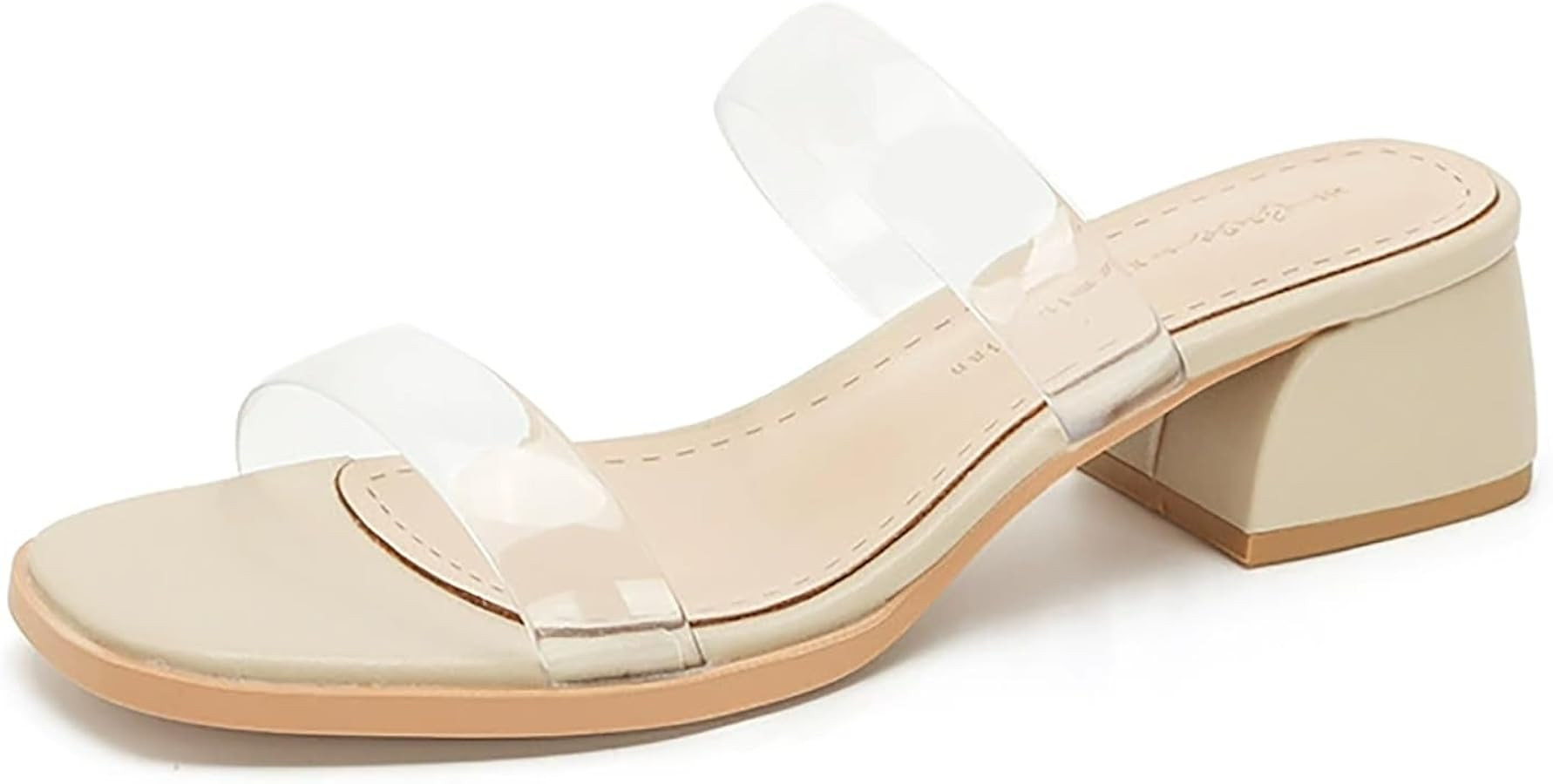 Women's Clear Strap Slide Sandals Square Toe Block Heel Open Toe Slip On Nude Casual Summer Sanda... | Amazon (US)