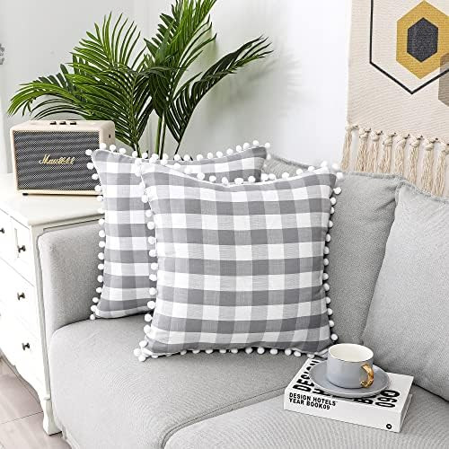 Grey Buffalo Plaid Check Throw Pillow Covers Set of 2, Square Gingham Retro Farmhouse with Pom-poms  | Amazon (US)