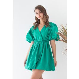 V-Neck Bubble Sleeves Cotton Dress in Green | Chicwish