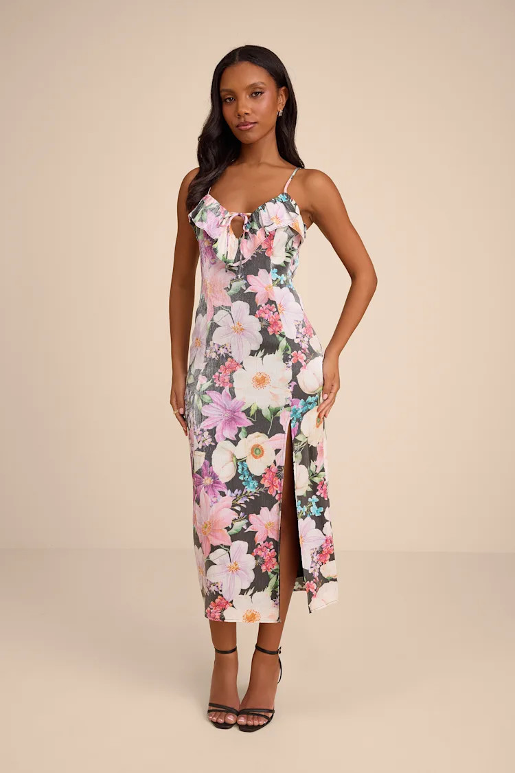 Kayla Black Multi Floral Ruffled Midi Dress | Lulus