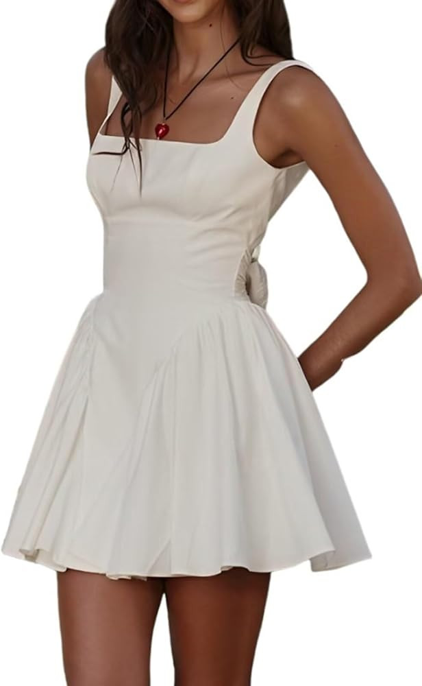 Women’s 2024 Summer Mini Dress Square Neck Sleeveless Open Back Tie Waist Flowy A-line Bodycon ... | Amazon (US)