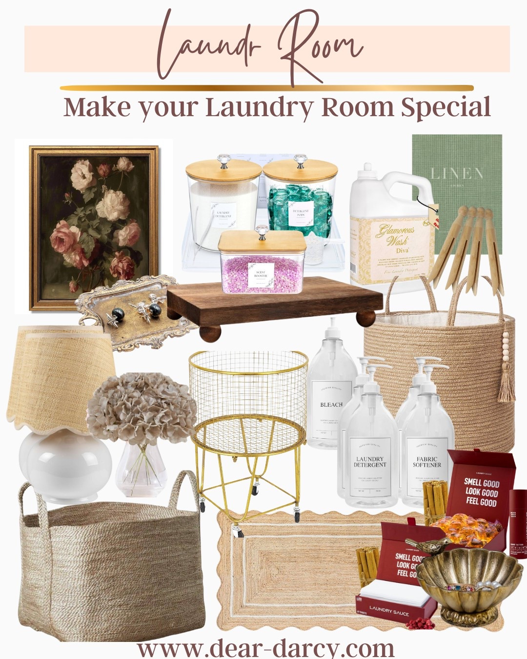 Laundry room Amazon finds

Make your Laundry Room special…

Add pretty things that can also serve a purpose

Pretty dispensary’s and containers 

A lamp with scallop shade, scallop rug ,’flowers and pretty art help decorate the room and make it special

A wooden and brass tray 

Beautiful laundry baskets and hamper 

Some of my favorite clean laundry pods and fabric sheets by laundry sauce -French saffron … I use on my linens and bath sheets - smells divine

Divi laundry soap by Taylor smells so good… I adore  it for my clothing (also on sheets and linens 

These Scented laundry soaps are perfect to make your lines smell special (my guest always love) 

I love pretty glass jars and crystal biscuits jars for laundry pods, fabric softener beads etc

The set of 3 class jars with labels and crystal knobs are perfect as well.

I love the white bottles with plumps and pretty labels for liquid soap and bleach 

A book on linens 


#LTKFindsUnder50 #LTKHome #LTKStyleTip