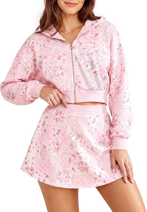 Womens 2 Piece Outfits Skort Sets Floral Plaid Hoodie Skirt Set | Amazon (US)