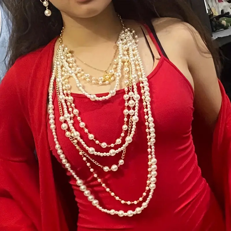 Stylish White Faux Pearl Earring & Necklace Jewelry Set Boho Style Multilayer Jewelry For Women | Temu Affiliate Program