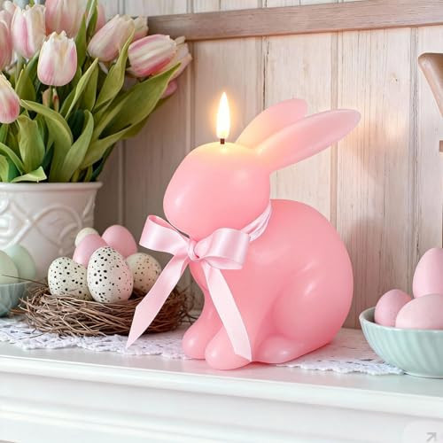 Baquler Easter Bunny Flameless Candle, Easter Real Wax Carved LED, Scented Bunny Shape Flameless Candle Set for Home Living Room Bedroom Party Decoration Centerpiece Table Home Decor (Pink) | Amazon (US)
