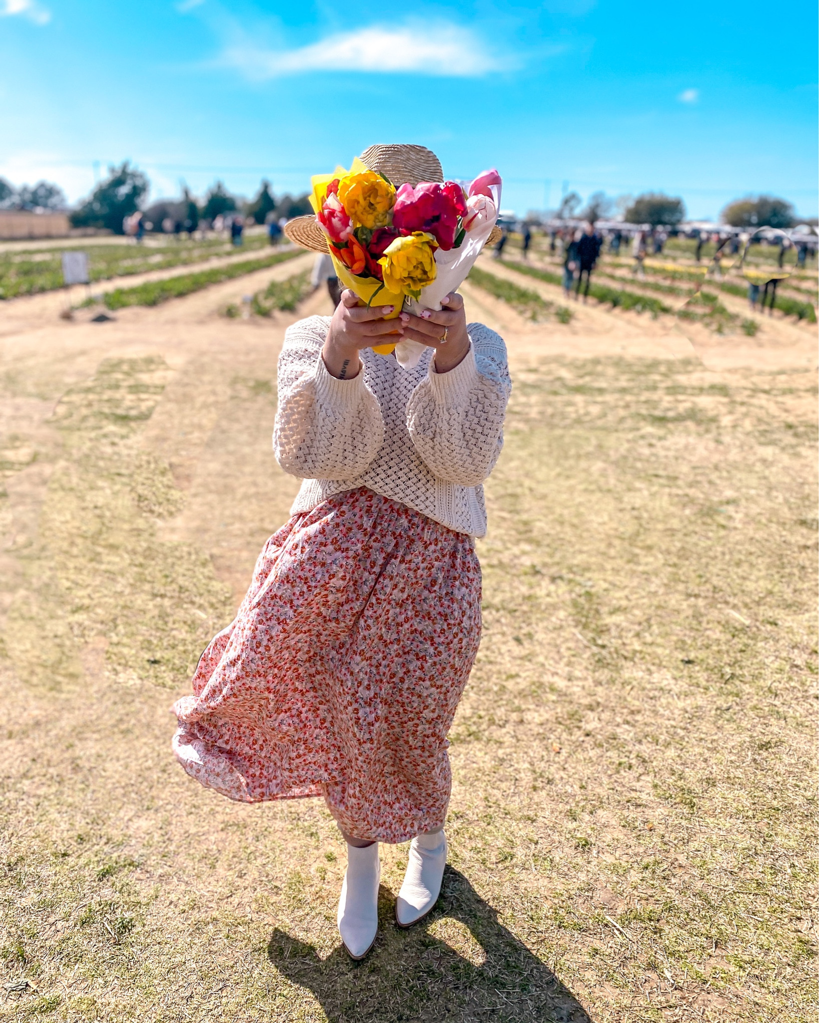 What to wear to tulip fields, outfit idea for spring outting, picking tulips outfit, ootd for spring outdoor activities 

Wearing:
- size S in sweater
- size M in dress 

#LTKSeasonal #LTKstyletip #LTKunder50