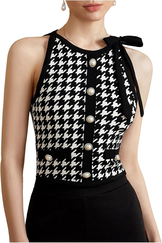 Women's Houndstooth Print Bow Tank Top Crew Neck Sleeveless Button Front Elegant Crop Tops | Amazon (US)