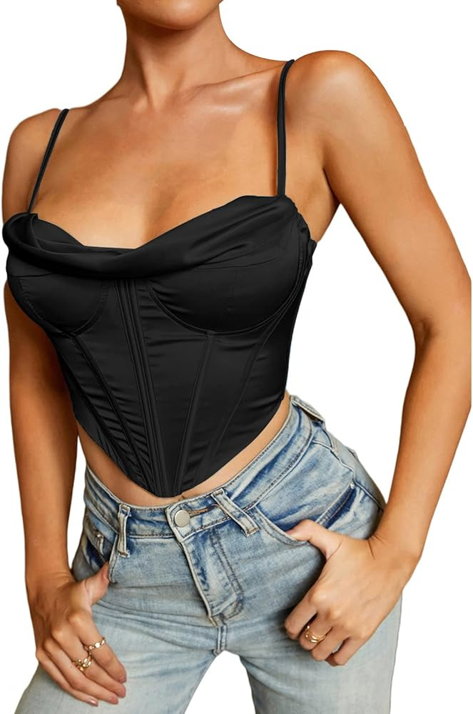 Satin Spaghetti Strap Party Crop Top Rave Cute Zip Back Outfits Corset Y2K Fashion Bustiers for Wome | Amazon (US)