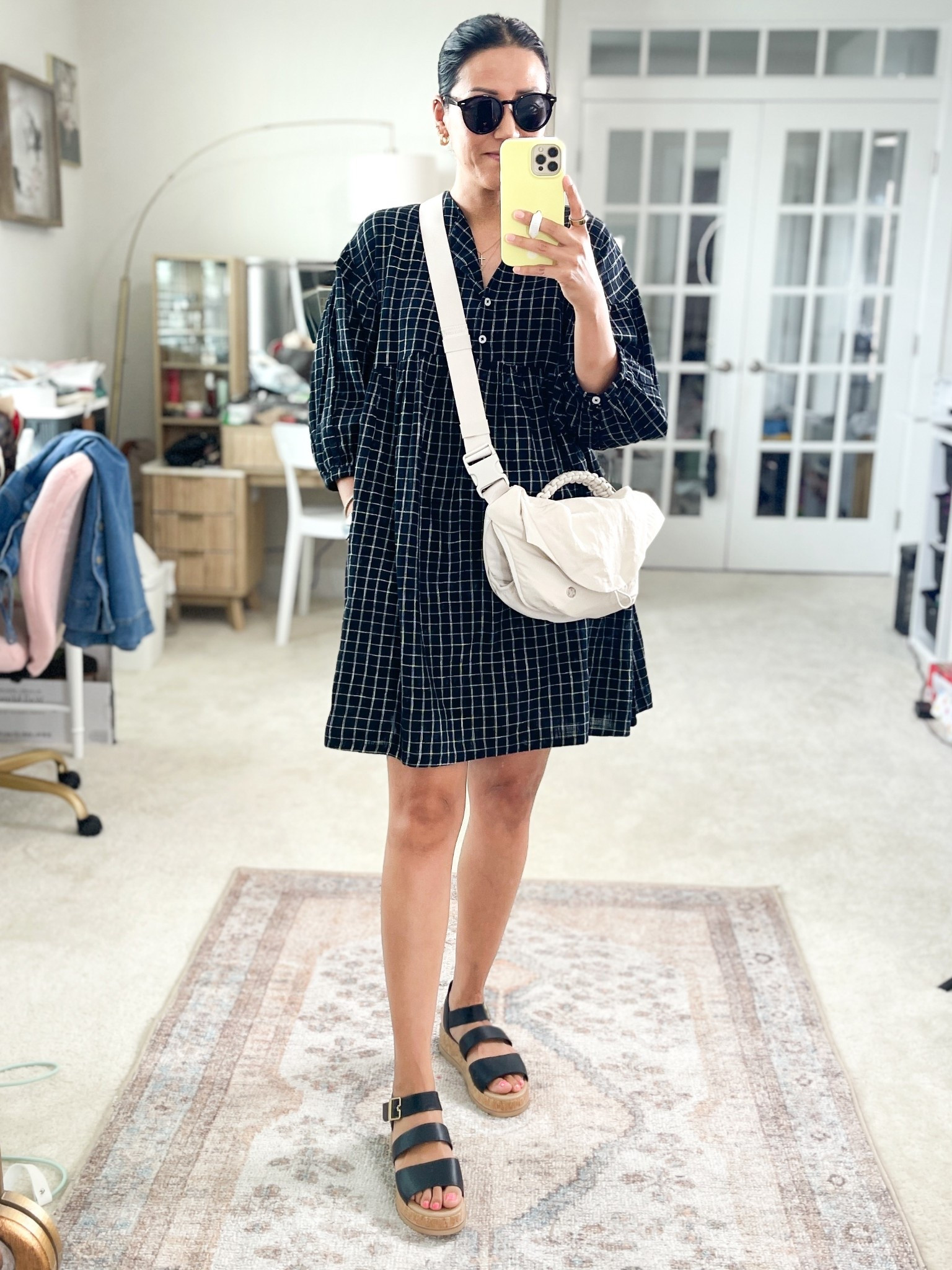 Size XS dress (exact dress is older from ABLE)
Search Able Nico dress on Poshmark
Sandals are true to size