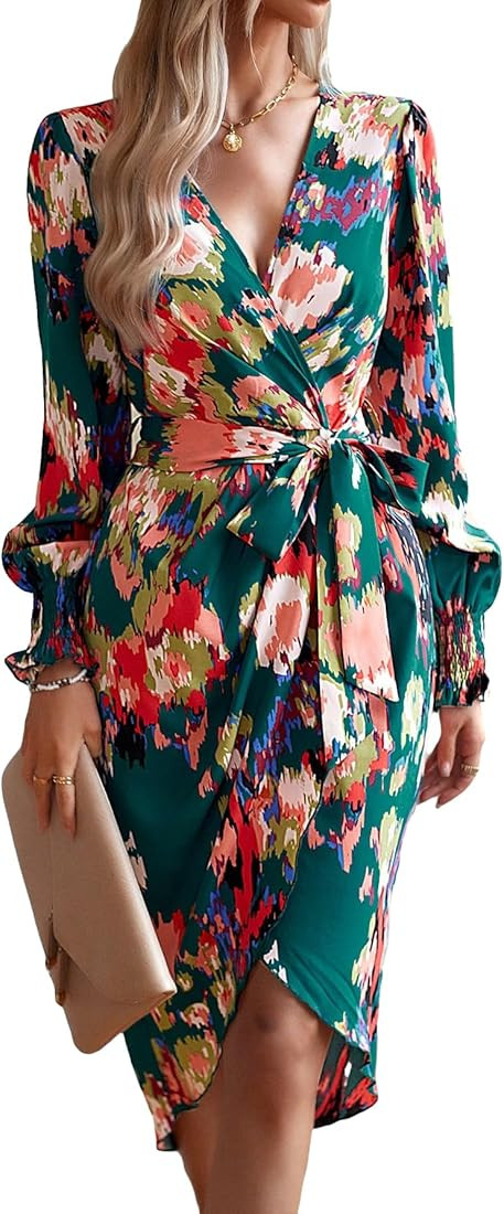 MakeMeChic Women's Allover Print Long Puff Sleeve V Neck Wrap Midi Dress with Belt | Amazon (US)