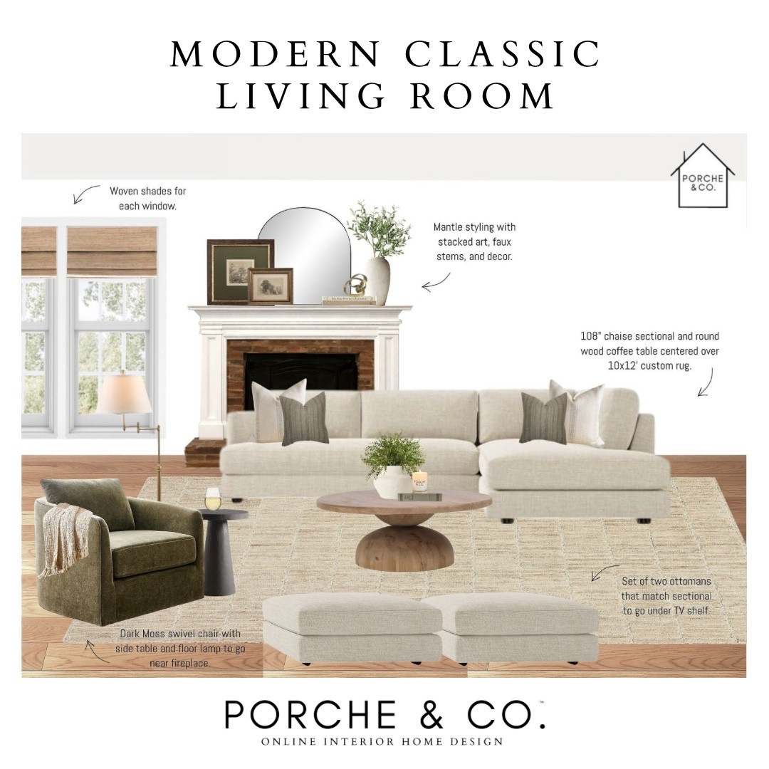 This Modern Classic Living Room is all about warmth, balance, and timeless comfort 🤍✨ Soft neutral upholstery, a sculptural wood coffee table, layered textures, and classic mantle styling create a space that feels inviting yet elevated. Every piece is thoughtfully selected to blend modern lines with traditional charm—perfect for everyday living and entertaining alike.
Living Room Online Interior Design from Porche & Co.

Do you want to bring our dreamy Modern Classic style interior design into your own home? 🏡 You’re in luck! Reserve our Online Interior Design packages today -> https://porcheandco.com/edesign ✨ We can’t wait to work with you & design your home with #porcheandco

#porcheandco #visionboard #moodboard #interiordesign #virtualdesign #modernclassic #livingroomdesign #neutralinteriors #classicmeetsmodern #homeinspo


#LTKHome #LTKvlog