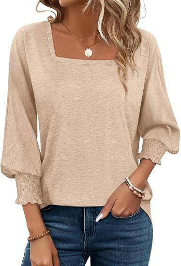 PGANDS Women's 3/4 Sleeve Tops Square Neck Spring Summer Casual Smocked Cuffs Shirts | Amazon (US)