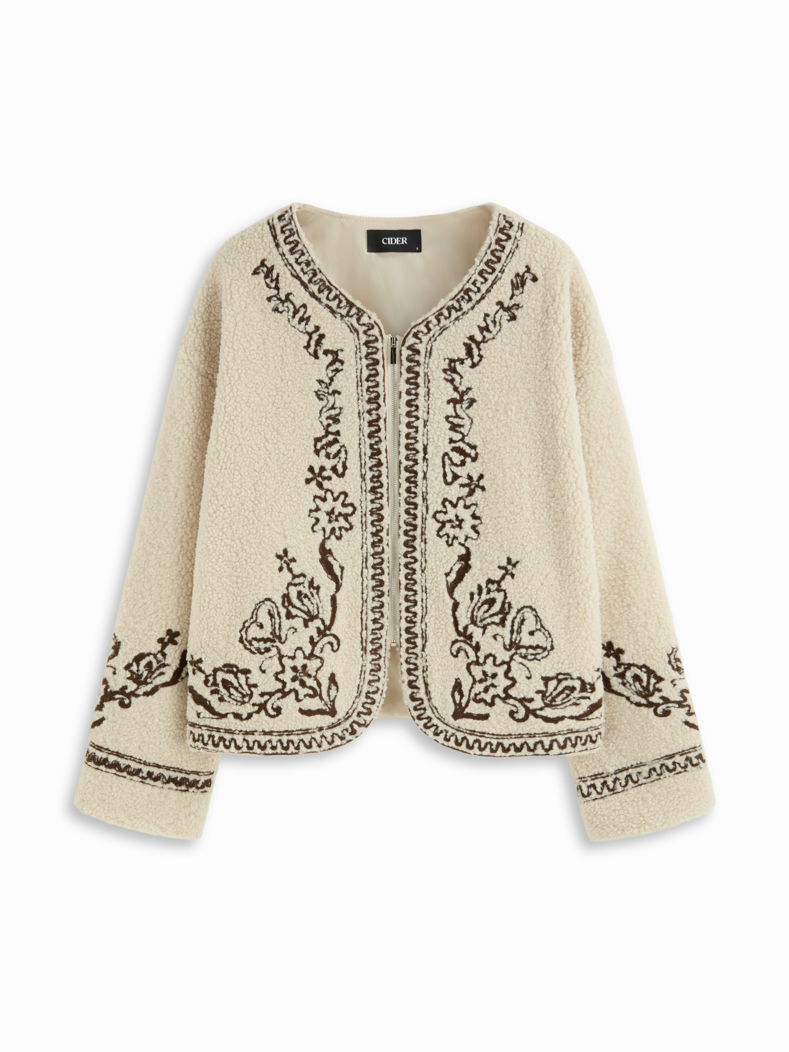 Fleece Fleece Floral Embroidery Zip Through Oversized Jacket For Daily Casual Vacation | Cider