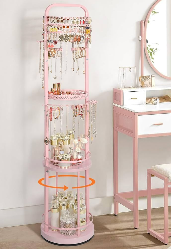 Jewelry Holder Organizer, Floor Jewelry Organizer with Earring Organizer Necklace Holder, Rotatin... | Amazon (US)