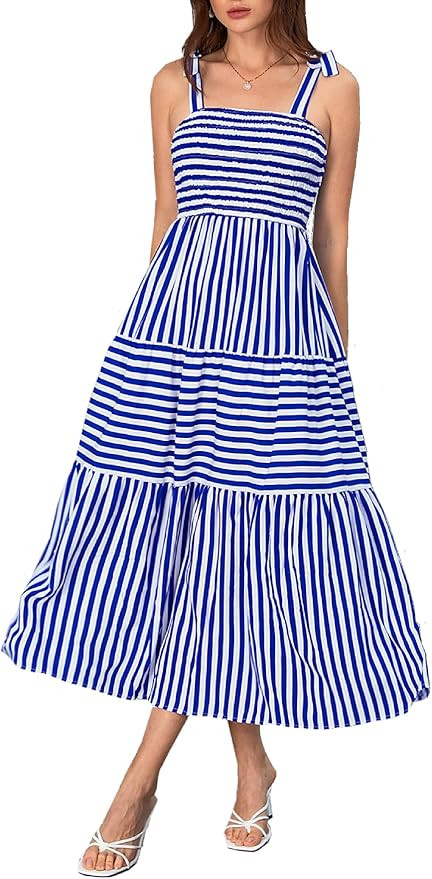 MakeMeChic Women's Striped Tie Shoulder Sleeveless A Line Camis Dress Ruffle Summer Long Dress | Amazon (US)