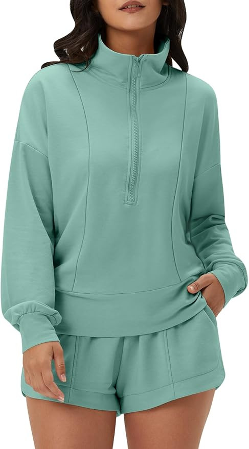 DEEP SELF Women 2 Piece Outfits Sweatshirt Quarter Zip V Neck Long Sleeve Pullover Top Shorts Paj... | Amazon (US)