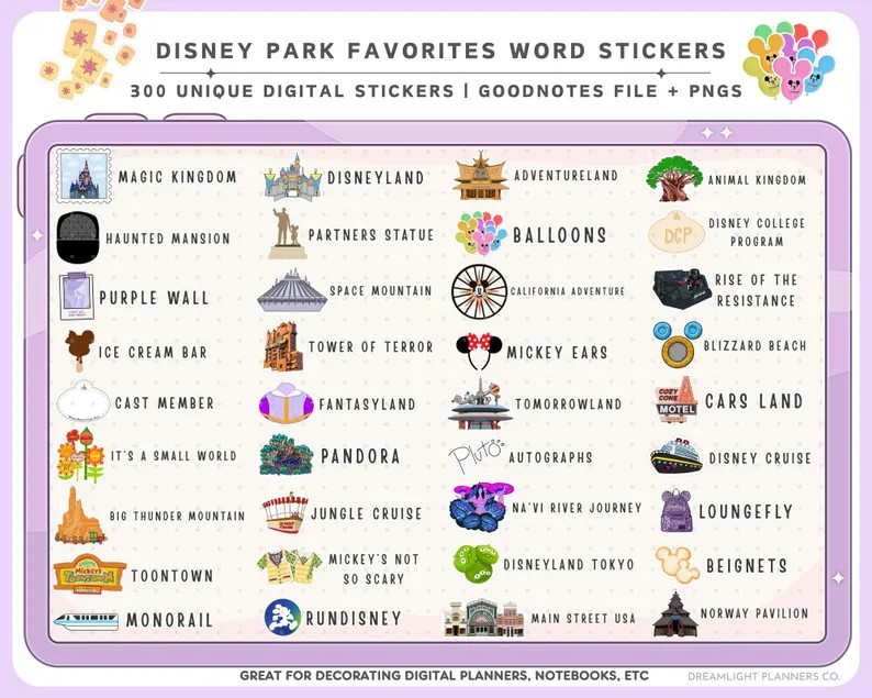 Theme Park Digital Planner Stickers, Goodnotes Word Stickers, Digital Scrapbooking, Digital Noteb... | Etsy (US)