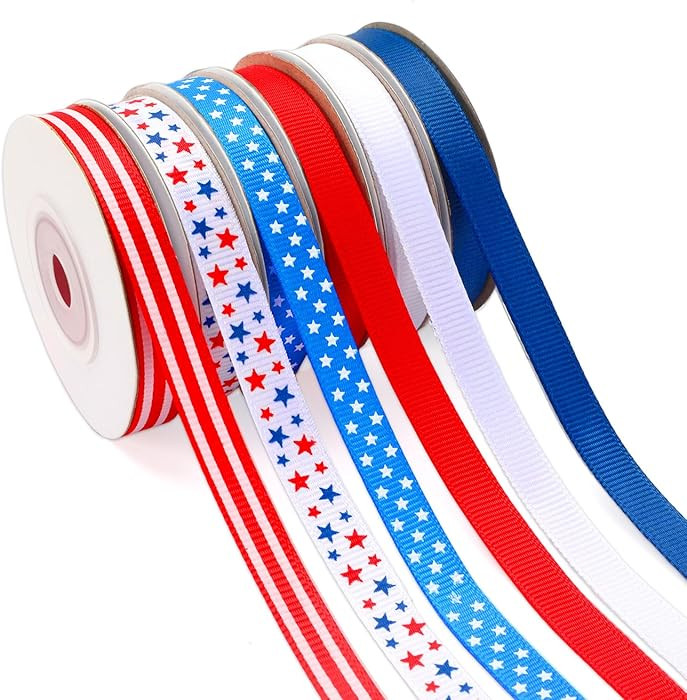 DECYOOL Patriotic Ribbon, 6 Rolls 60 Yards 4th of July Ribbons 10 mm Wide Red White Blue Grosgrai... | Amazon (US)