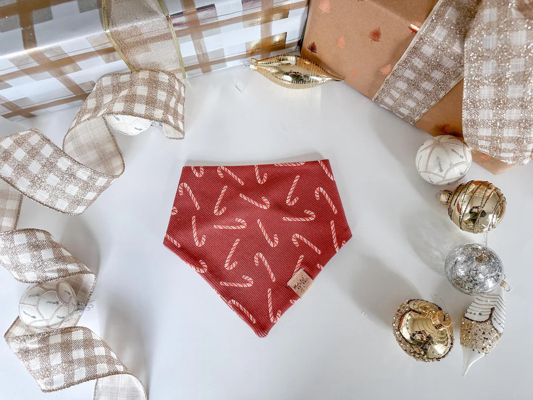 Handmade Red Ribbed Candy Cane Holiday Design Bandana, Cat Bandana, Pet Bandana, Snap on Bandana,... | Etsy (US)