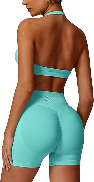 ABOCIW Workout Sets for Women 2 Piece seamless Halter Sports Bra Scrunch Butt Impact Shorts Gym Y... | Amazon (US)