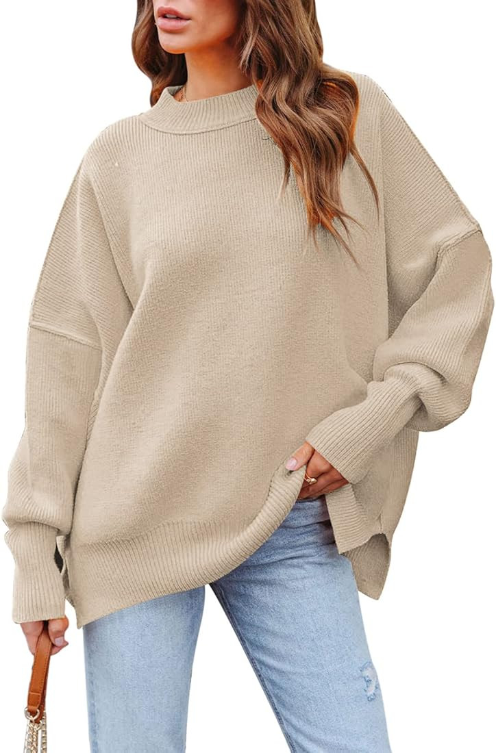 Women's 2023 Fall Casual Oversized Sweater Crewneck Batwing Sleeve Side Slit Ribbed Knit Pullover... | Amazon (US)