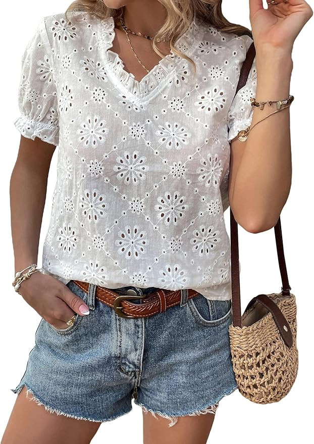 SOLY HUX Women's Summer Ruffle Trim Eyelet Floral Embroidery Shirt Tops Puff Short Sleeve V Neck ... | Amazon (US)