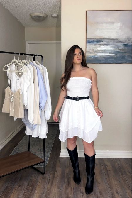 Country concert outfit 
White mini dress 
Western boots 

#LTKFestival #LTKfindsunder50 #LTKstyletip