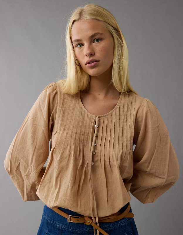 AE Long-Sleeve Pintuck Blouse | American Eagle Outfitters (US & CA)