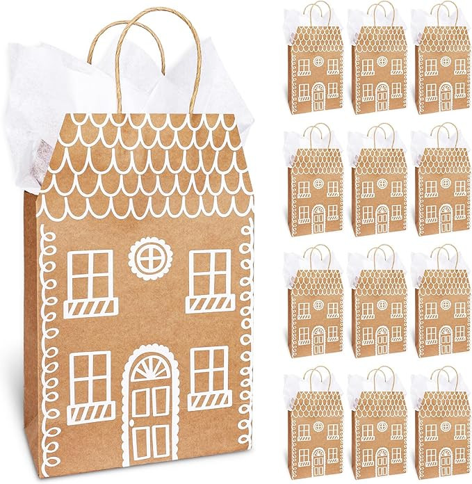 JarThenaAMCS 12Pcs House Shaped Gift Bags Winter Snow House Kraft Paper Bags with Tissue Paper Ru... | Amazon (US)