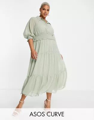 ASOS DESIGN Curve collared tiered midi dress with shirred waist in natural in sage green | ASOS (Global)