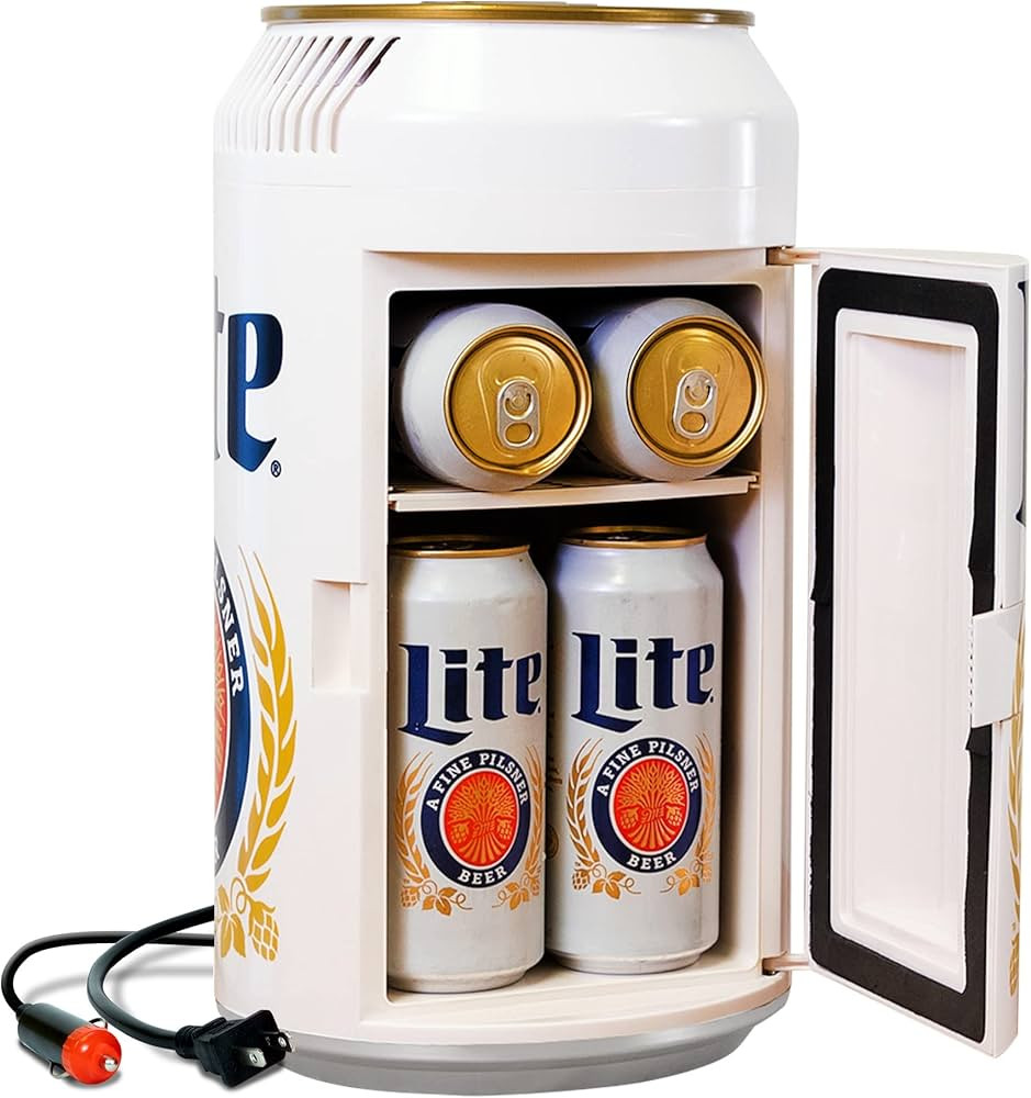 Miller Lite 8 Can Portable Mini Fridge w/ 12V DC and 110V AC Cords, 5.4L (5.7 qt) Beer Can Shaped... | Amazon (US)