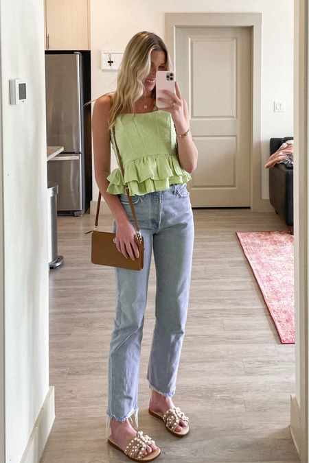 Spring brunch OOTD🪷 
Loving the ruffle detail on this green halter top, from Lane201 but will link similar! (size small) paired with my fav agolde jeans (26) and Sam Edelman sandals (8, true to size) 
#springootd #outfitideas #summertops #greentops #jeansoutfit #brunch

#LTKstyletip #LTKunder50 #LTKSeasonal
